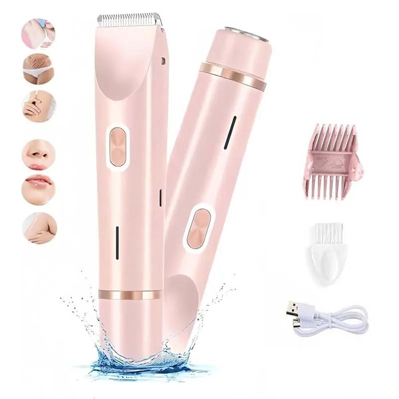 Electric Rerchargeable Lady Razor Double-Headed Waterproof Bikini Trimmer Shaver 2-In-1 Body and Facial Hair Removal Trimmer