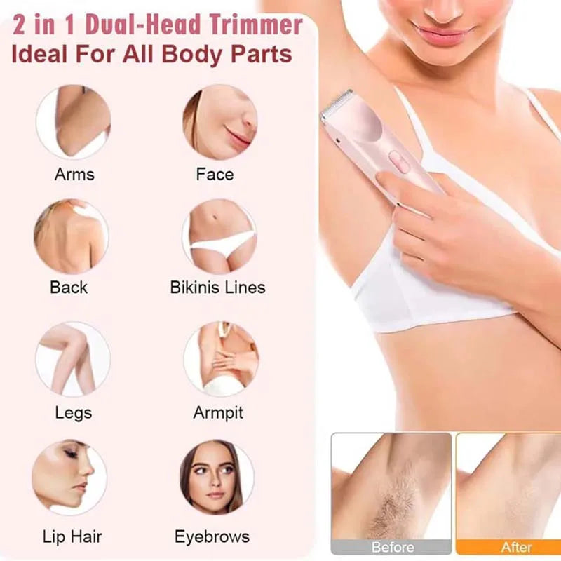 Electric Rerchargeable Lady Razor Double-Headed Waterproof Bikini Trimmer Shaver 2-In-1 Body and Facial Hair Removal Trimmer
